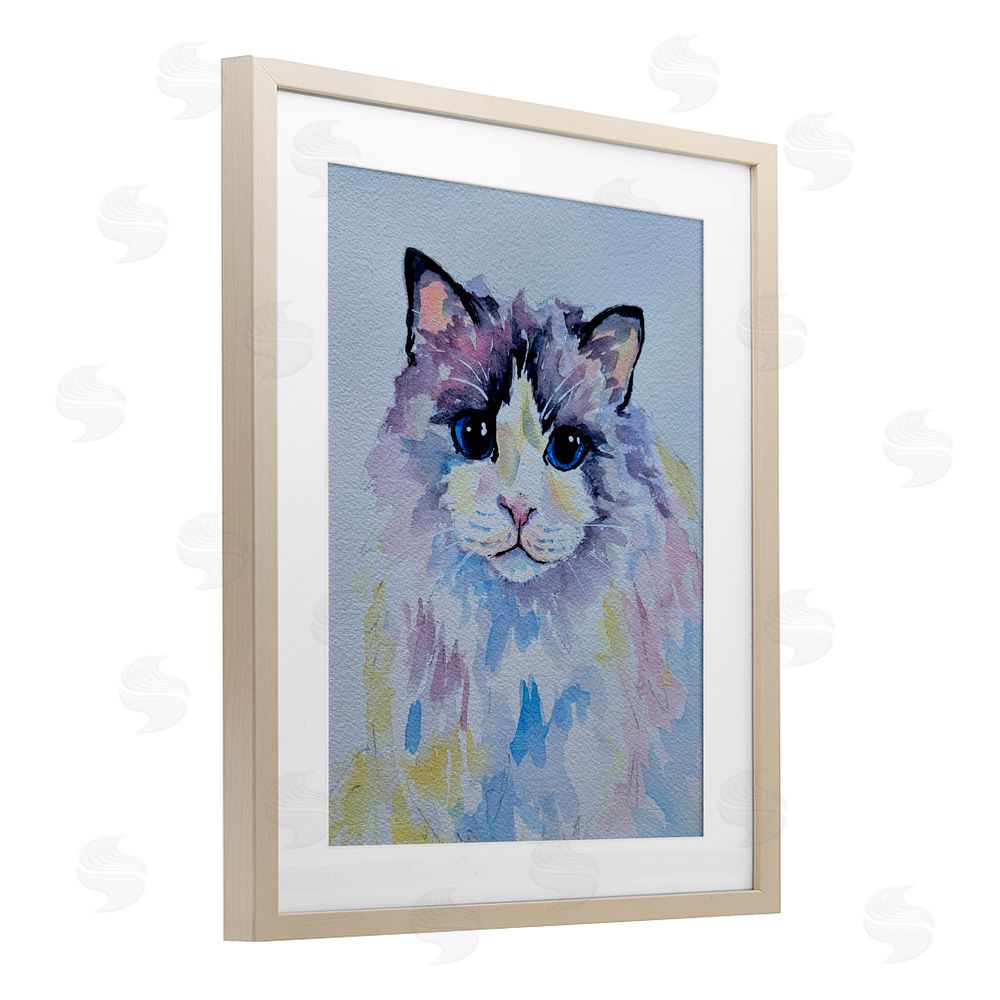 Tatiana Roberts Pastel Cat with Blue Eyes Birch Framed Print Under Glass with White Mat Wall Art