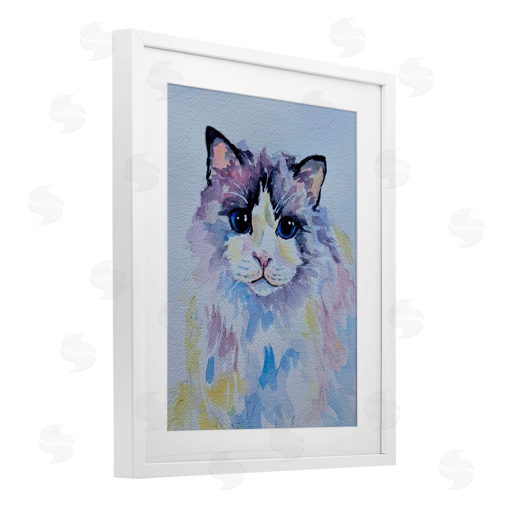 Tatiana Roberts Pastel Cat with Blue Eyes White Framed Print Under Glass with Mat Wall Art
