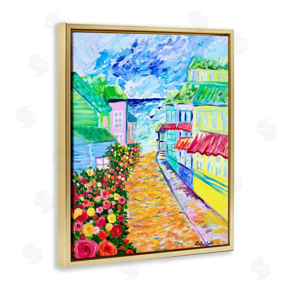 Lee Ann Zirbes Vibrant Sea Village Gold Floating Frame Canvas Wall Art Print