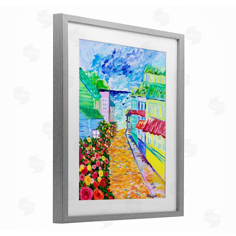 Lee Ann Zirbes Vibrant Sea Village Gray Framed Print Under Glass with White Mat Wall Art