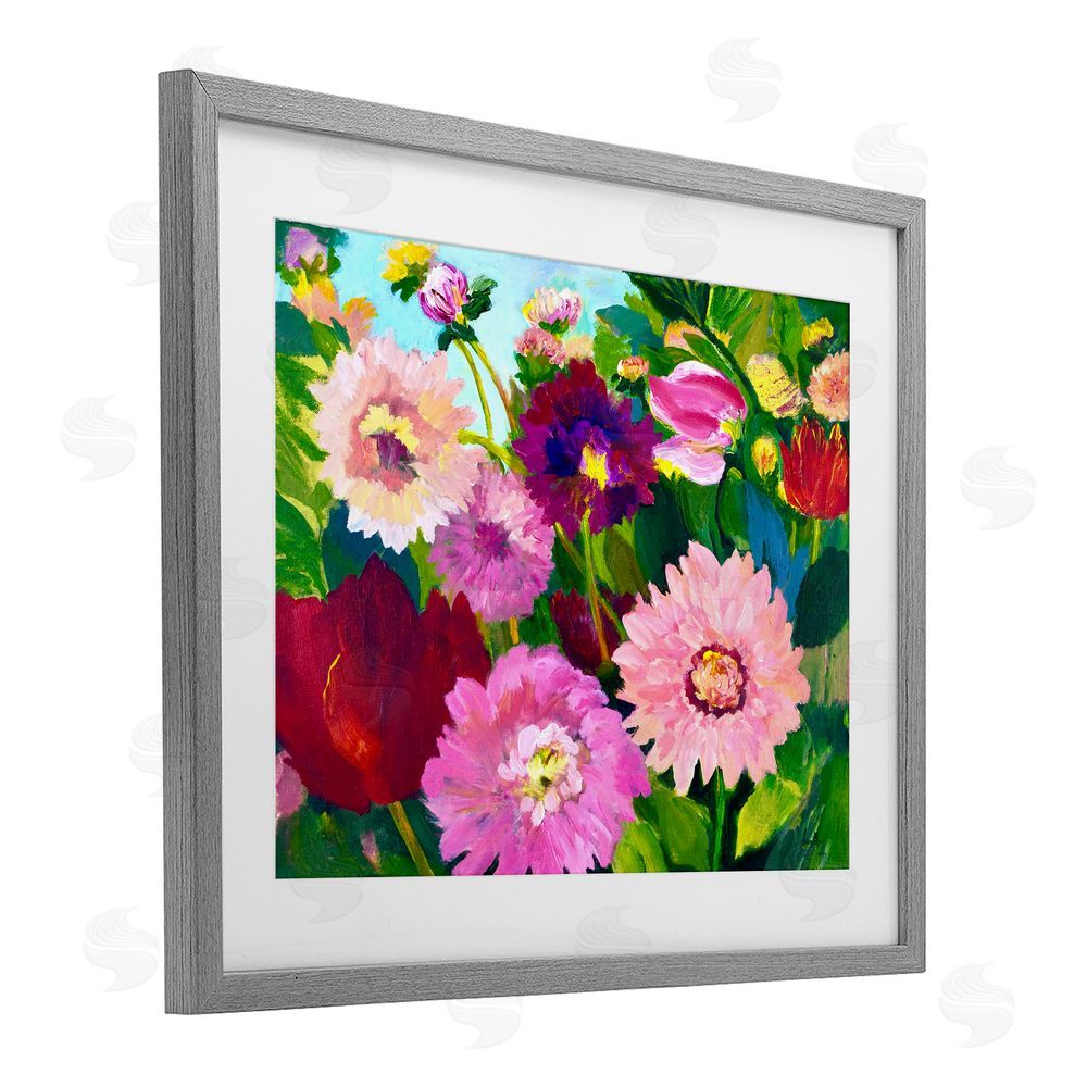 Lee Ann Zirbes Tea Garden Mums Gray Framed Print Under Glass with White Mat Wall Art