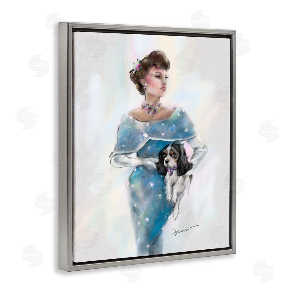 Mary Sparrow Vintage Lady & Dog Gray Floating Frame Canvas Wall Art Print