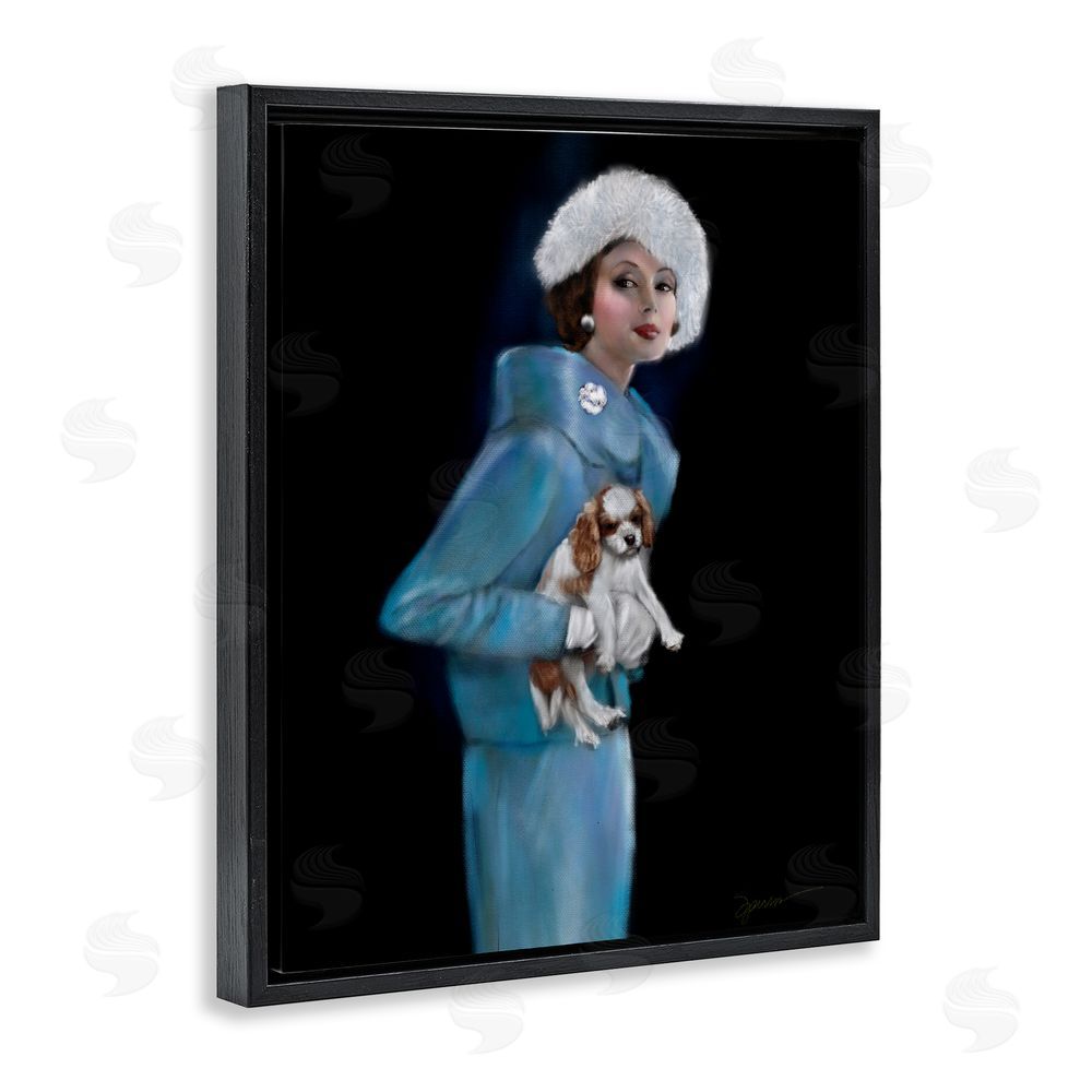Mary Sparrow Fur Hat Vintage Woman & Dog Black Floating Frame Canvas Wall Art Print