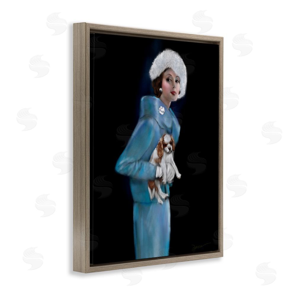 Mary Sparrow Fur Hat Vintage Woman & Dog Brown Floating Frame Canvas Wall Art Print