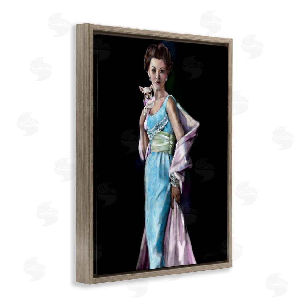 Mary Sparrow Friday Night Woman & Chihuahua Brown Floating Frame Canvas Wall Art Print