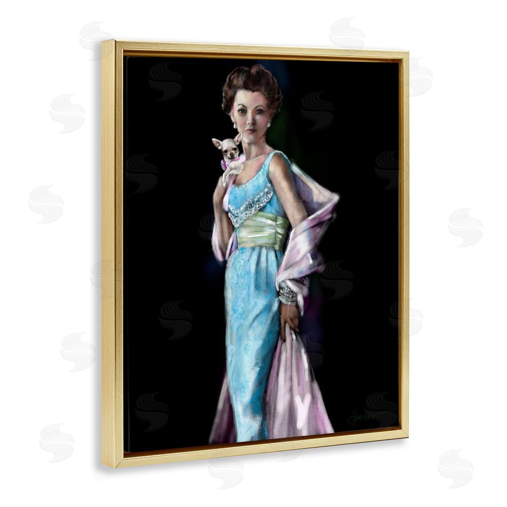 Mary Sparrow Friday Night Woman & Chihuahua Gold Floating Frame Canvas Wall Art Print