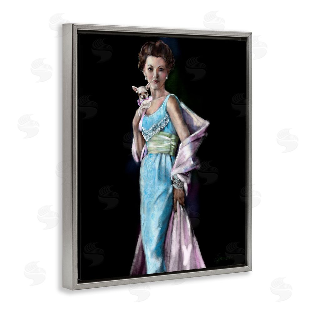 Mary Sparrow Friday Night Woman & Chihuahua Gray Floating Frame Canvas Wall Art Print