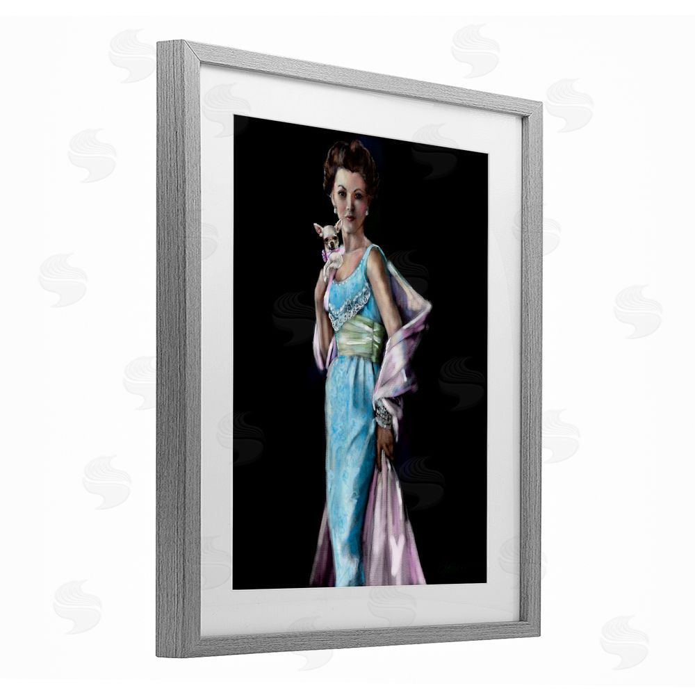 Mary Sparrow Friday Night Woman & Chihuahua Gray Framed Print Under Glass with White Mat Wall Art
