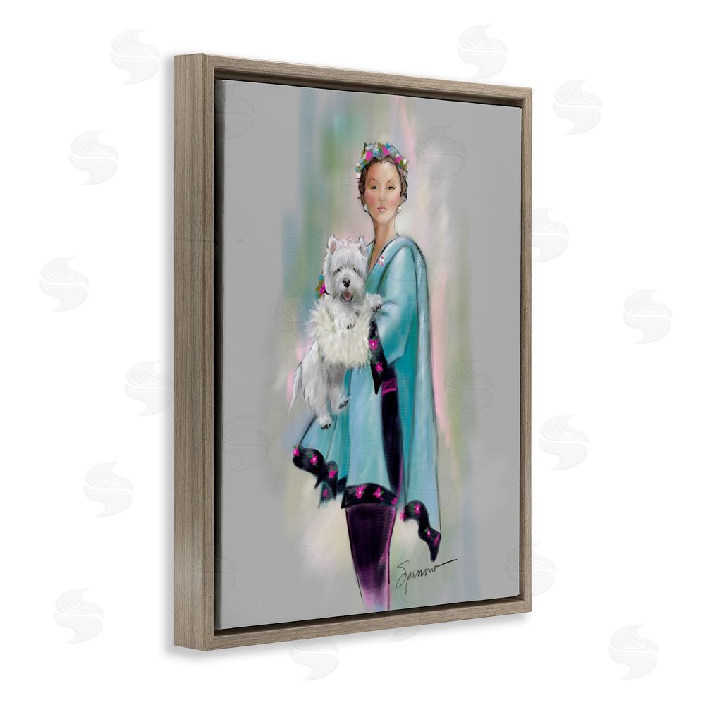Mary Sparrow Dinner Party Woman & Dog Brown Floating Frame Canvas Wall Art Print