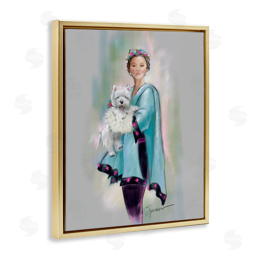 Mary Sparrow Dinner Party Woman & Dog Gold Floating Frame Canvas Wall Art Print