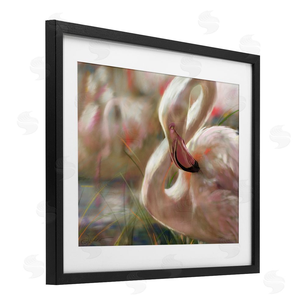 Mary Sparrow Preening Flamingo Sunset Black Framed Print Under Glass with White Mat Wall Art