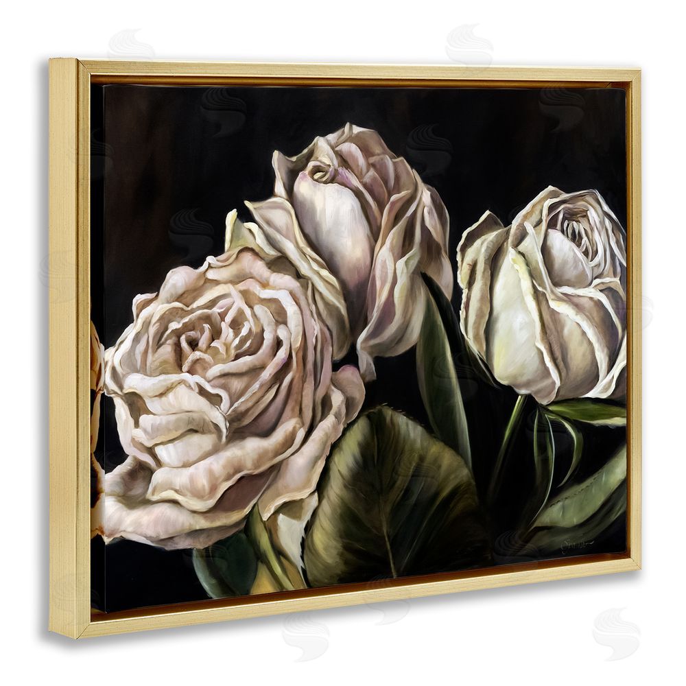 Mary Sparrow Fading Beauty White Roses Gold Floating Frame Canvas Wall Art Print