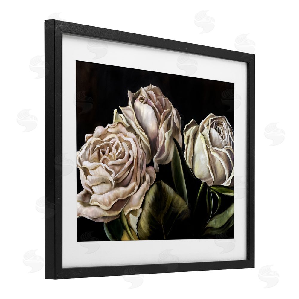 Mary Sparrow Fading Beauty White Roses Black Framed Print Under Glass with White Mat Wall Art