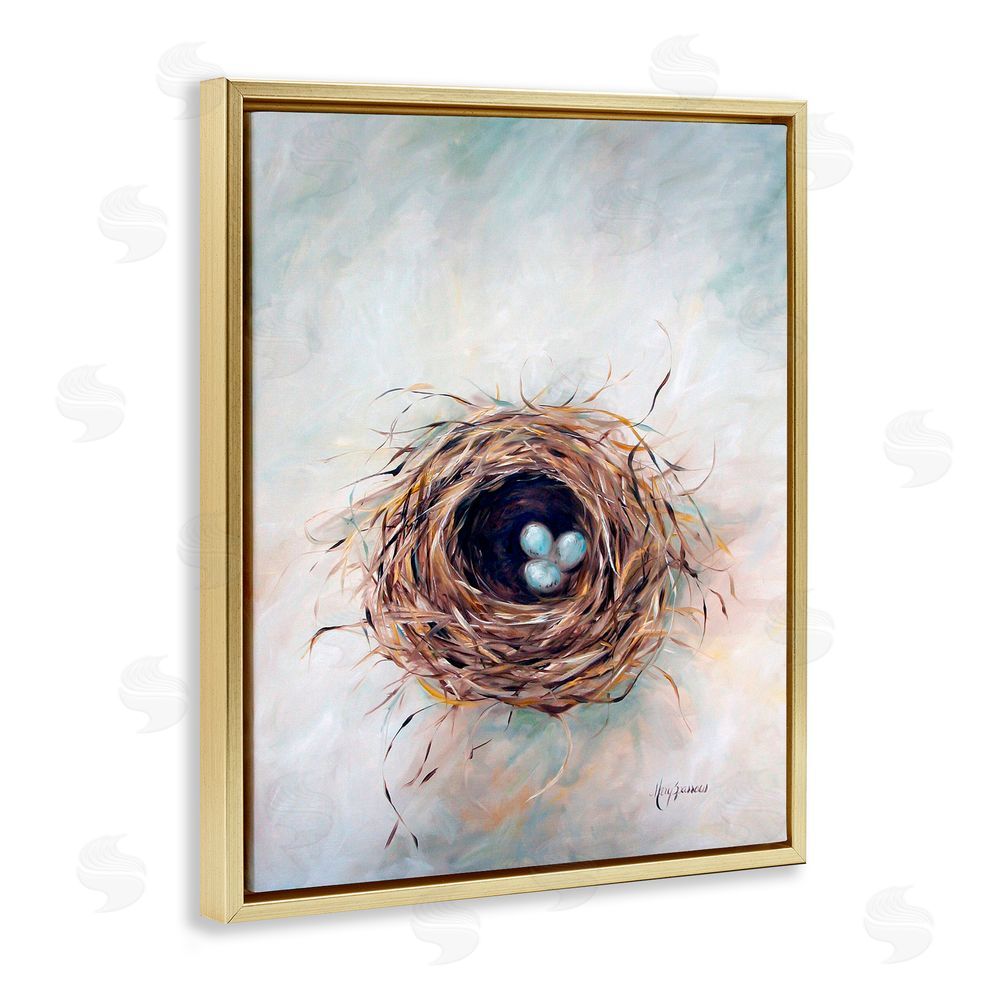 Mary Sparrow Bird Nest Triplets Gold Floating Frame Canvas Wall Art Print
