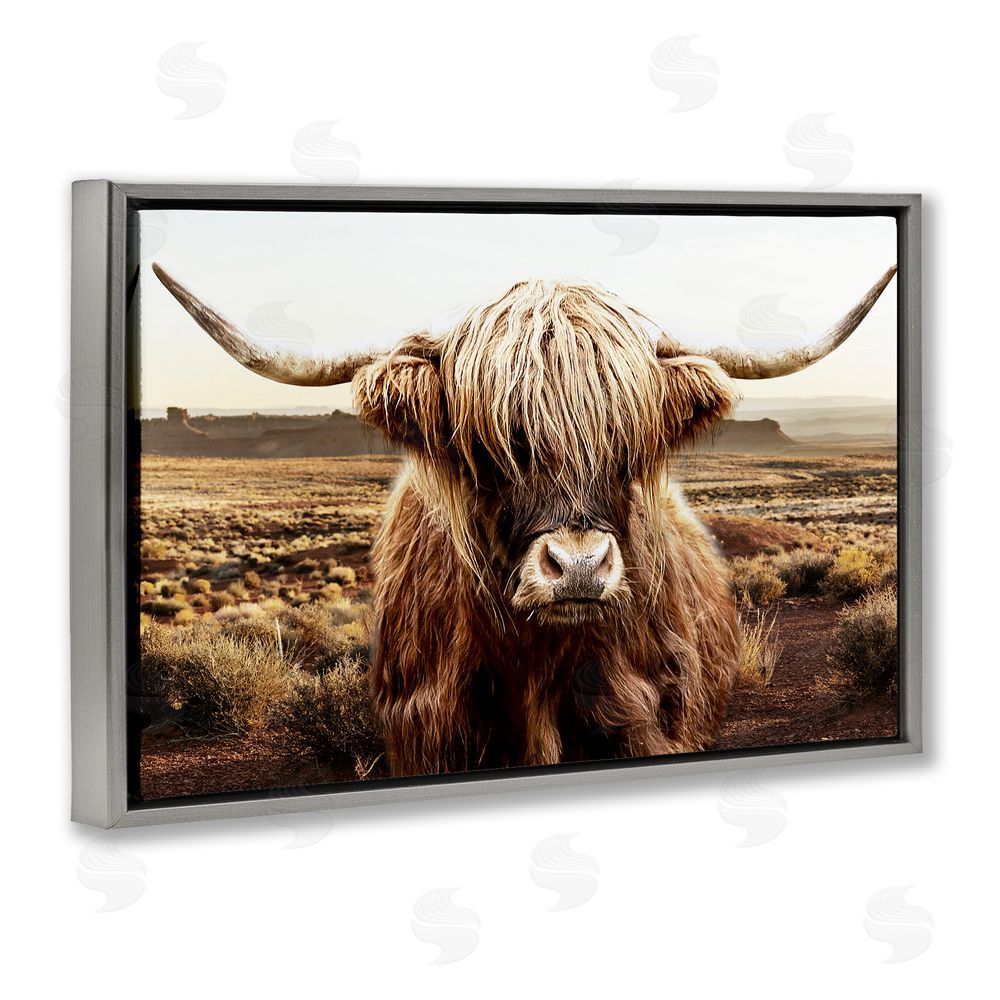 CAD Designs Rugged Vegetation Cattle Portrait Gray Floating Frame Canvas Wall Art Print
