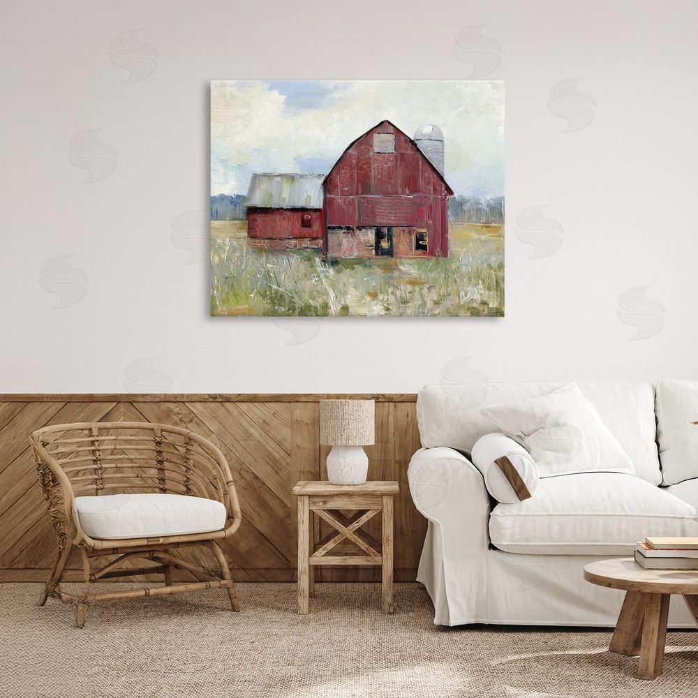 Sally Swatland Red Rugged Barn Stretched Canvas Wall Art in Room