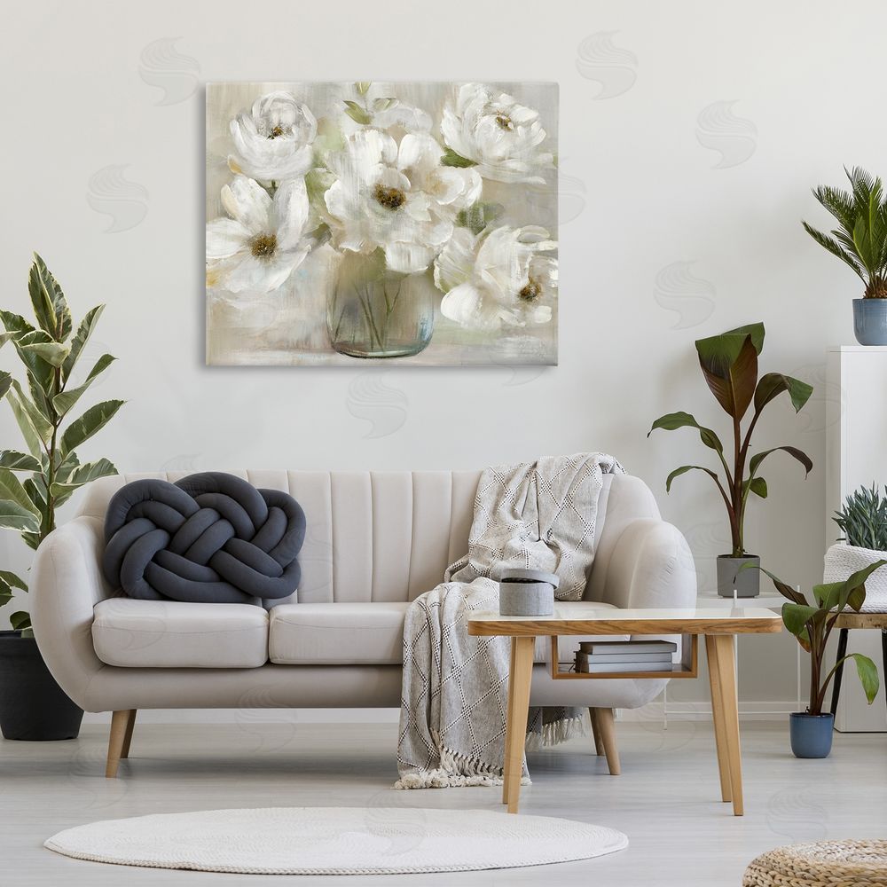 Nan Gentle White Petals in Vase Stretched Canvas Wall Art in Room