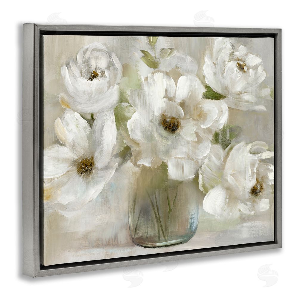 Nan Gentle White Petals in Vase Gray Floating Frame Canvas Wall Art Print