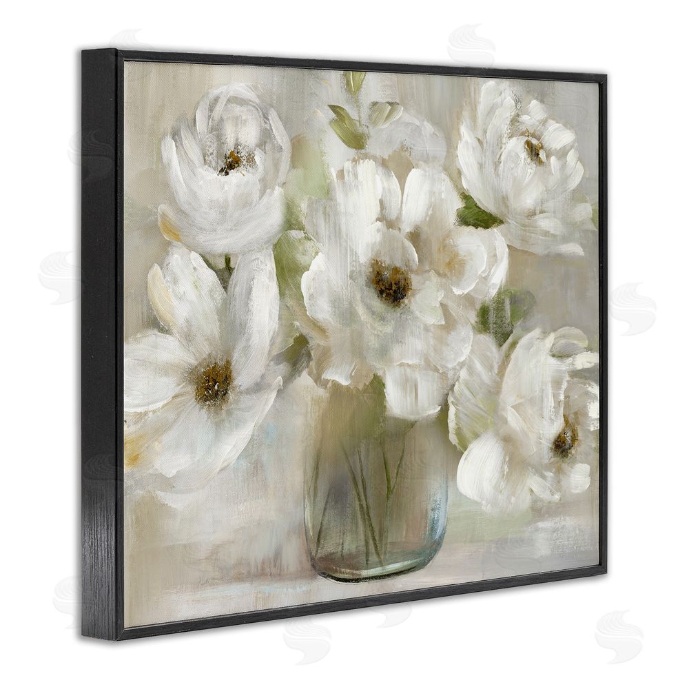 Nan Gentle White Petals in Vase Black Framed Giclee Wall Art Print