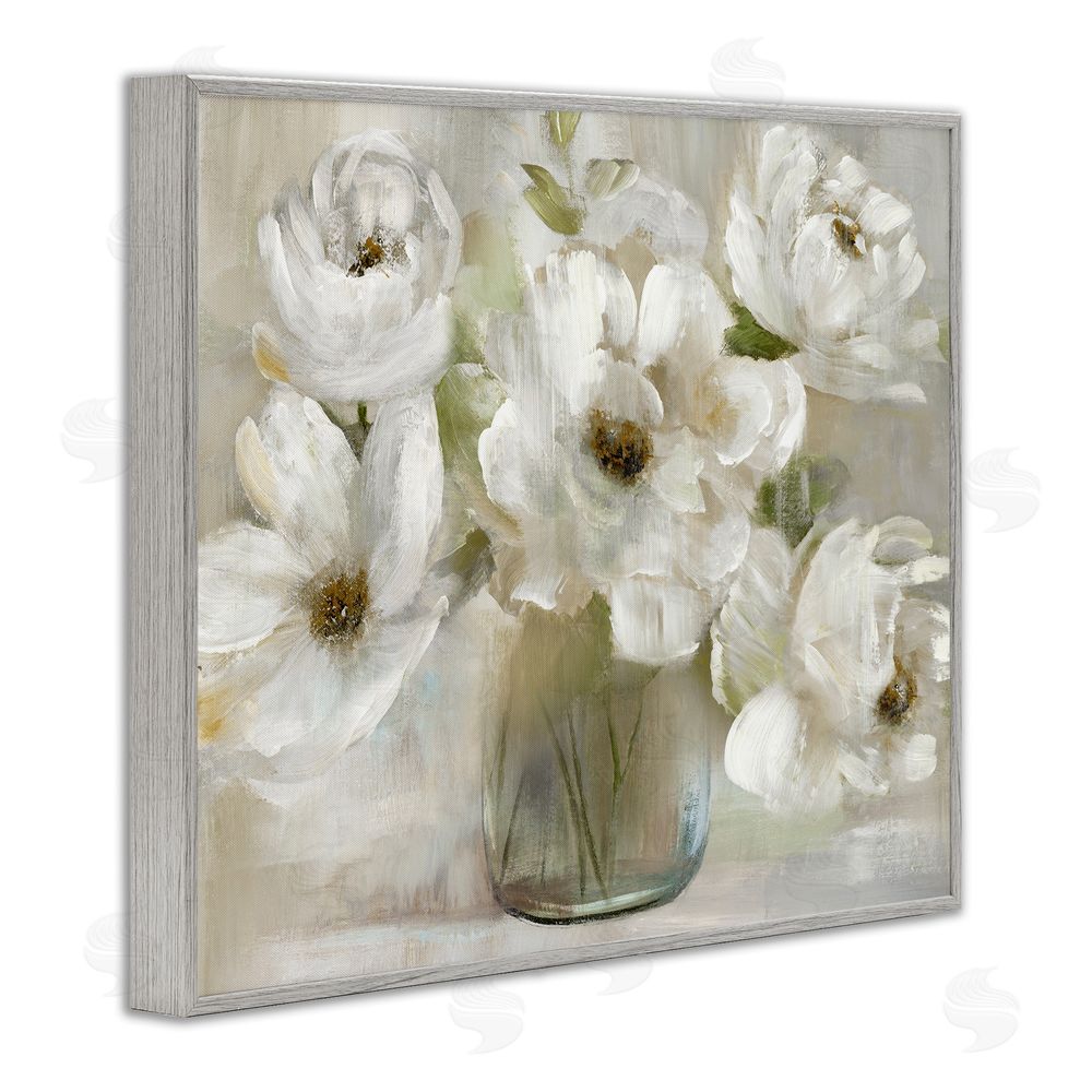 Nan Gentle White Petals in Vase Gray Framed Giclee Wall Art Print