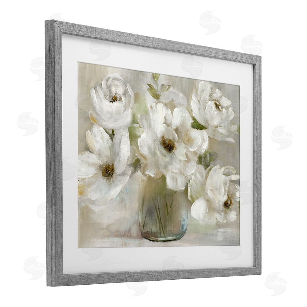 Nan Gentle White Petals in Vase Gray Framed Print Under Glass Wall Art