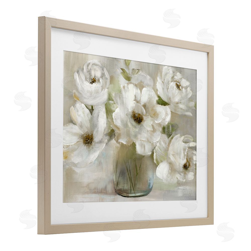 Nan Gentle White Petals in Vase Brown Framed Print Under Glass Wall Art