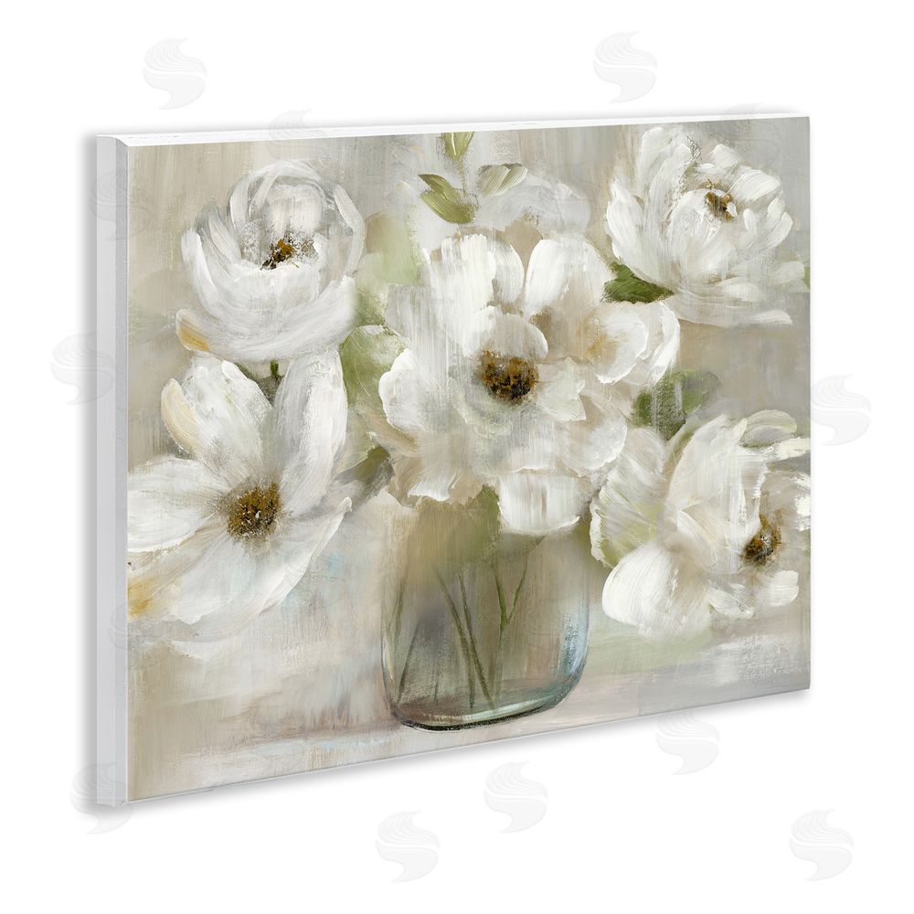 Nan Gentle White Petals in Vase Wooden Wall Plaque Art Print