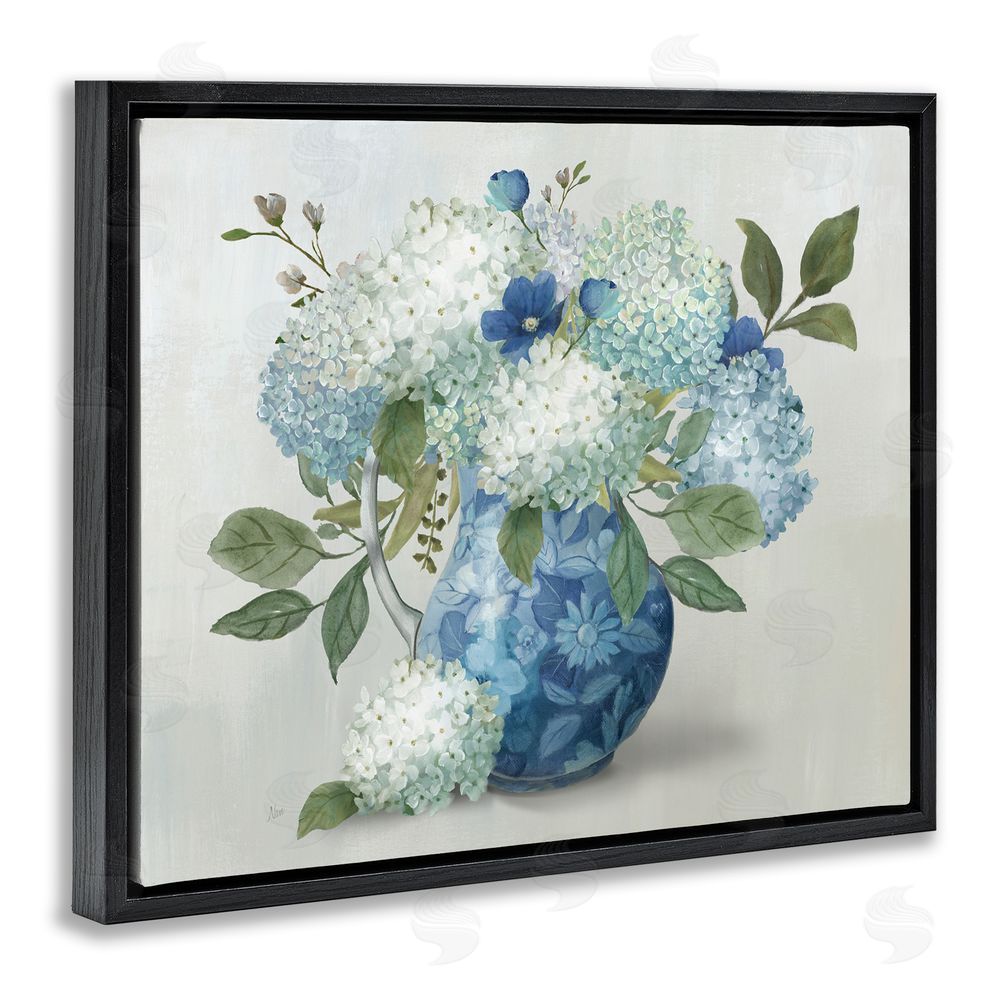 Nan Ornate Vase with Hydrangeas Black Floating Frame Canvas Wall Art Print