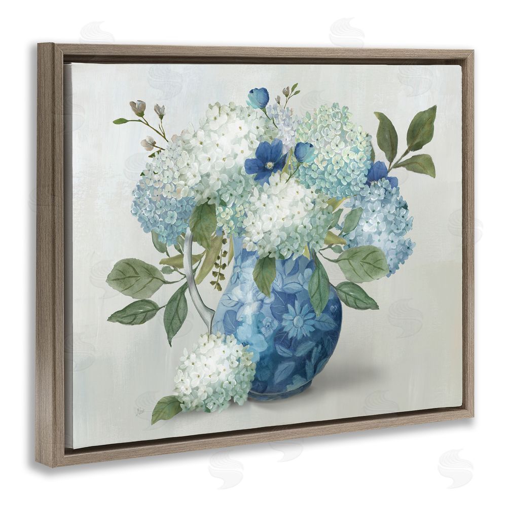 Nan Ornate Vase with Hydrangeas Brown Floating Frame Canvas Wall Art Print