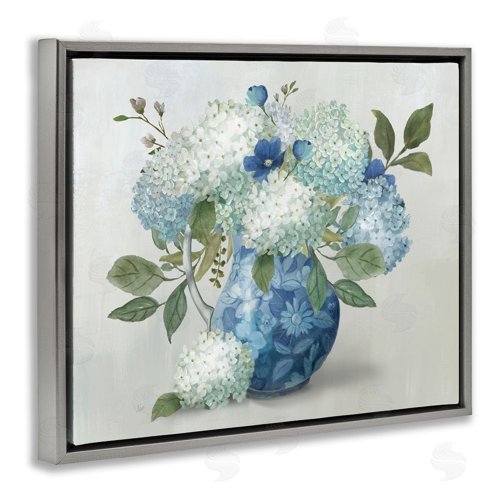 Nan Ornate Vase with Hydrangeas Gray Floating Frame Canvas Wall Art Print