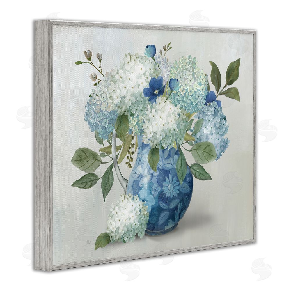 Nan Ornate Vase with Hydrangeas Gray Framed Giclee Wall Art Print
