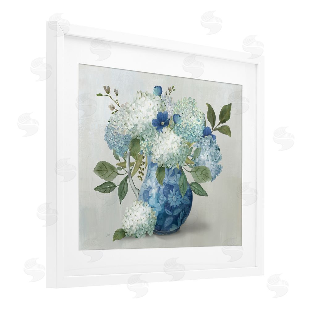Nan Ornate Vase with Hydrangeas White Framed Print Under Glass Wall Art