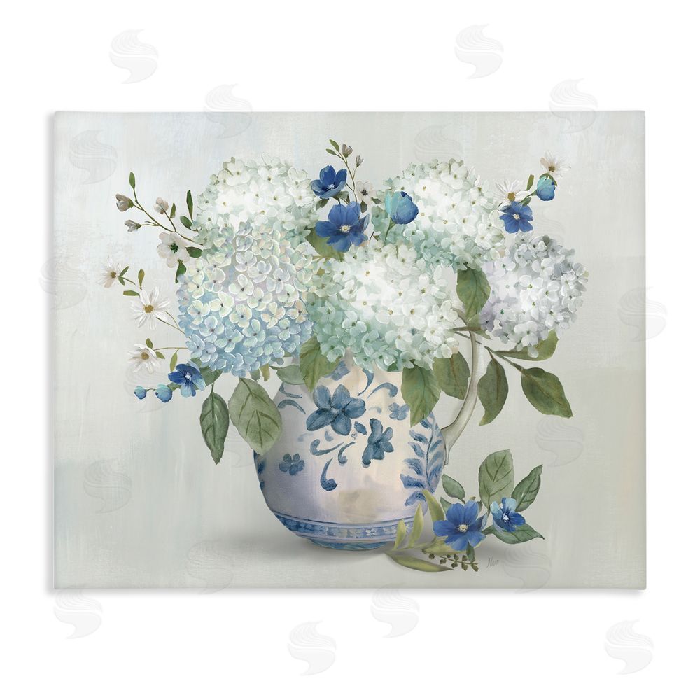 Nan Ivory & Blue Hydrangea Vase Stretched Canvas Wall Art Print