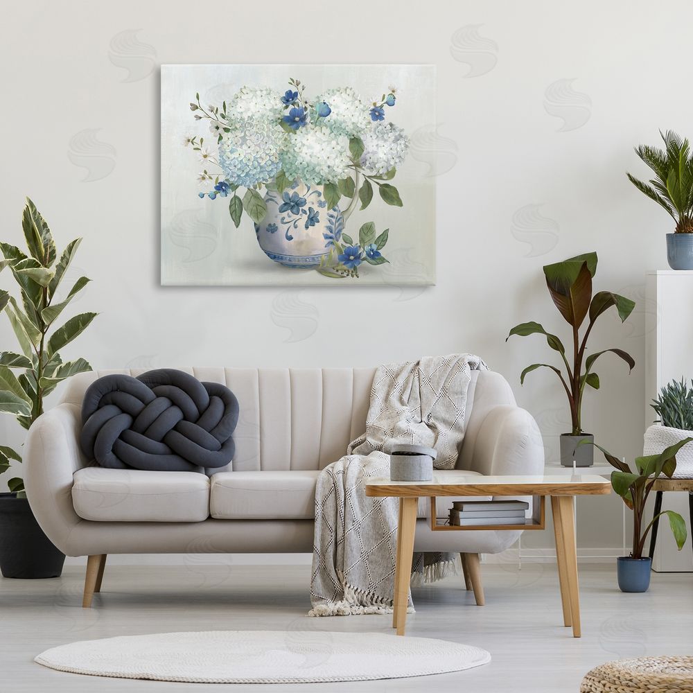 Nan Ivory & Blue Hydrangea Vase Stretched Canvas Wall Art in Room