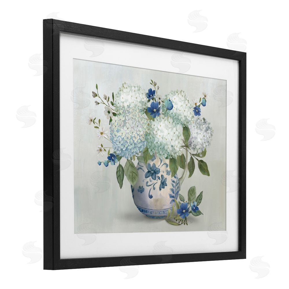 Nan Ivory & Blue Hydrangea Vase Black Framed Print Under Glass Wall Art
