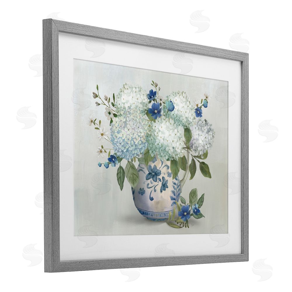 Nan Ivory & Blue Hydrangea Vase Gray Framed Print Under Glass Wall Art