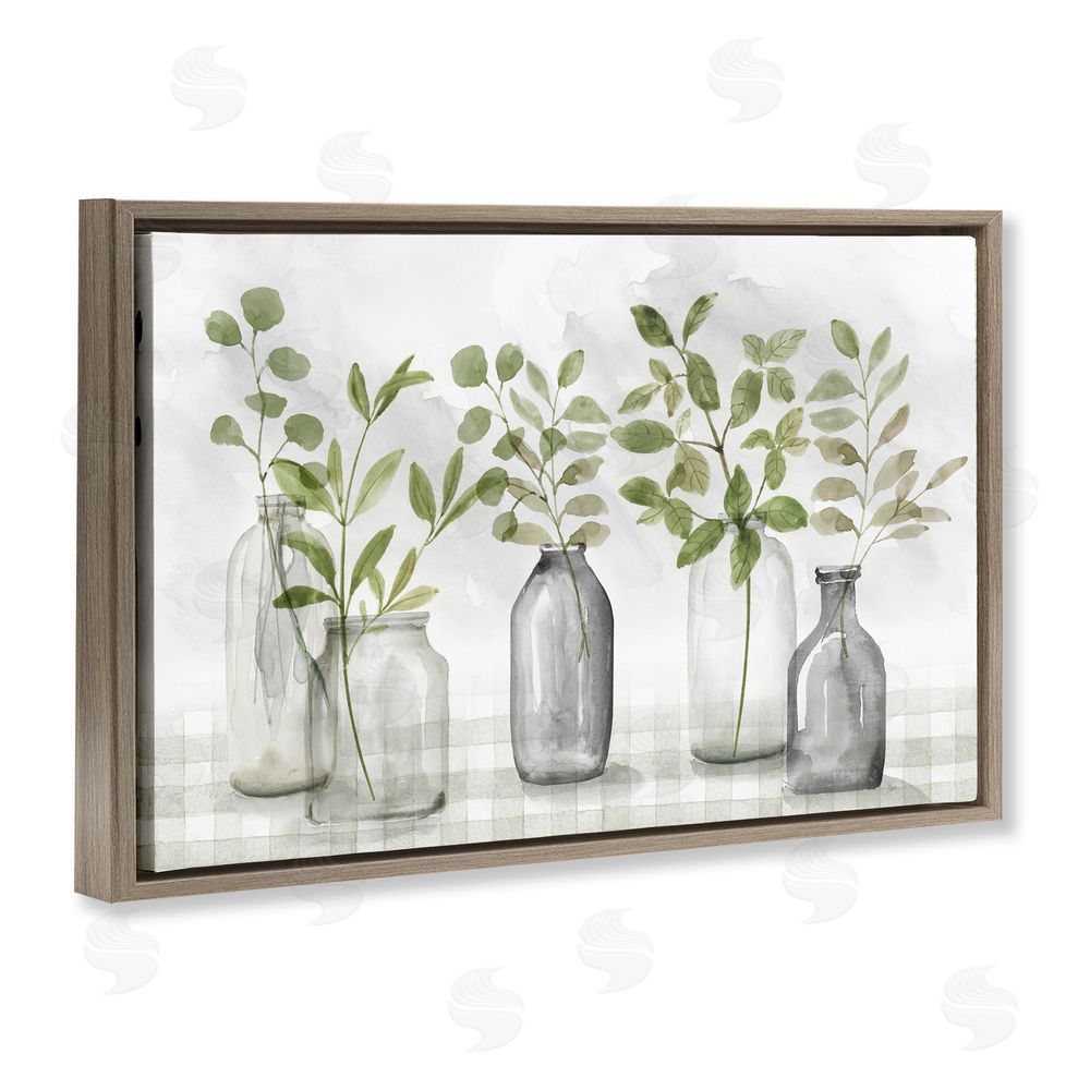 Nan Greenery Leaves in Vases Brown Floating Frame Canvas Wall Art Print