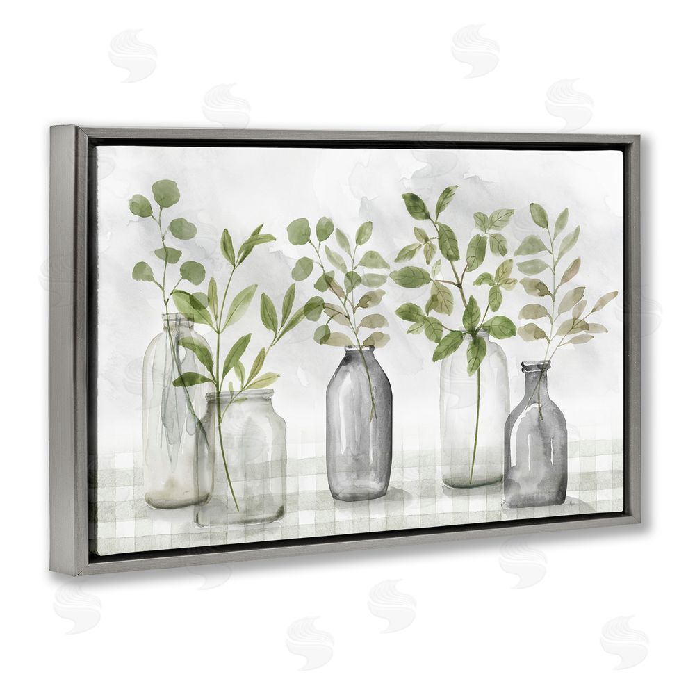 Nan Greenery Leaves in Vases Gray Floating Frame Canvas Wall Art Print