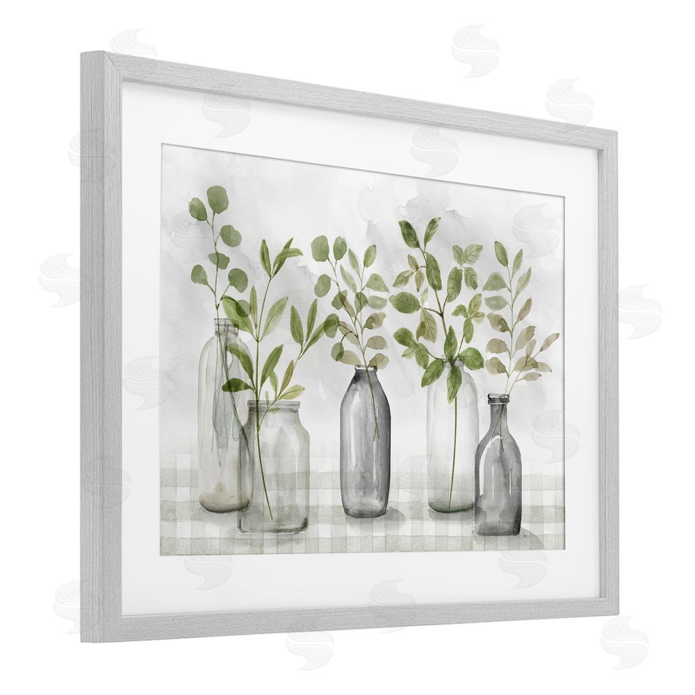 Nan Greenery Leaves in Vases Gray Framed Print Under Glass Wall Art