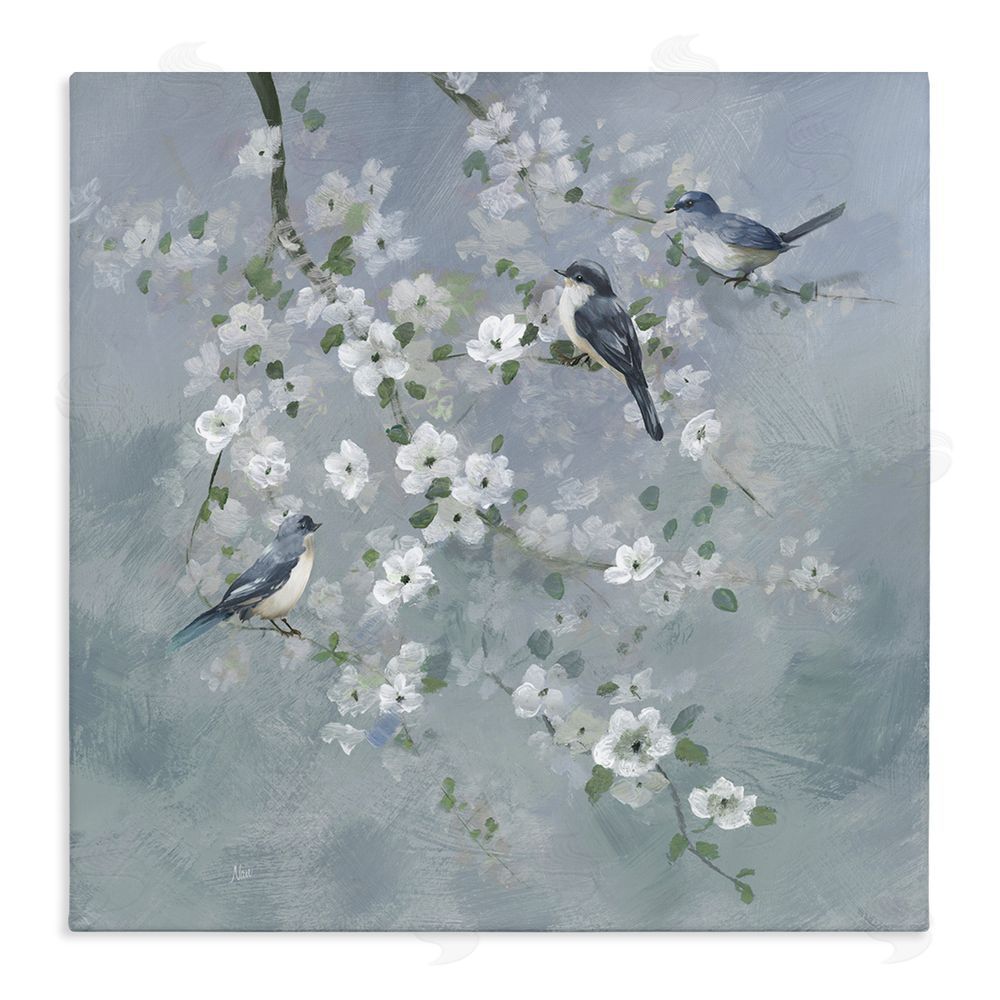 Nan Serene Birds on White Blooms Stretched Canvas Wall Art Print