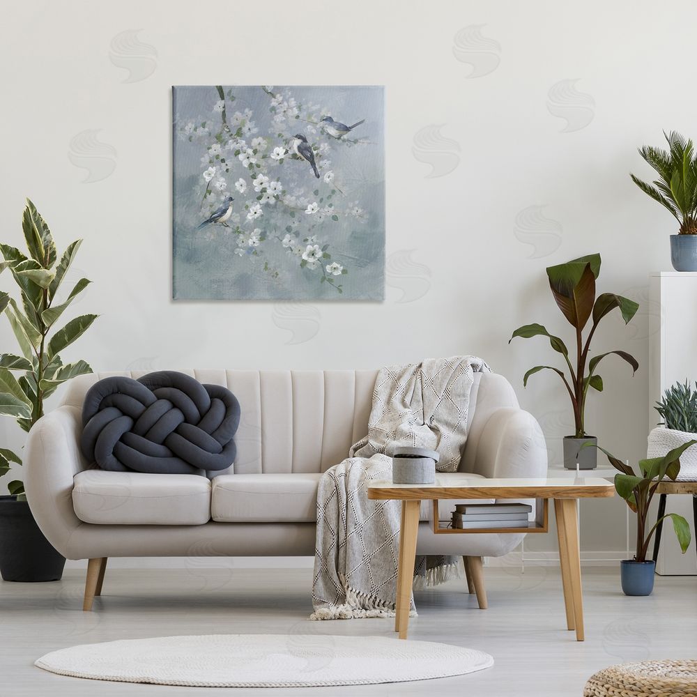 Nan Serene Birds on White Blooms Stretched Canvas Wall Art in Room