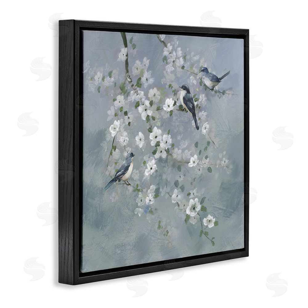 Nan Serene Birds on White Blooms Black Floating Frame Canvas Wall Art Print