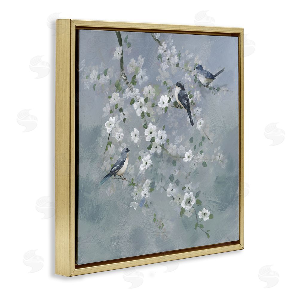 Nan Serene Birds on White Blooms Gold Floating Frame Canvas Wall Art Print