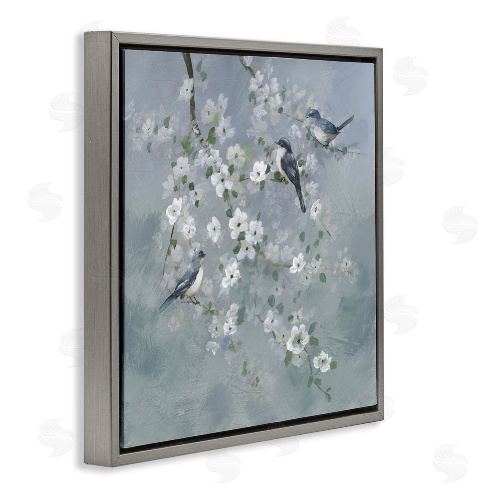 Nan Serene Birds on White Blooms Gray Floating Frame Canvas Wall Art Print