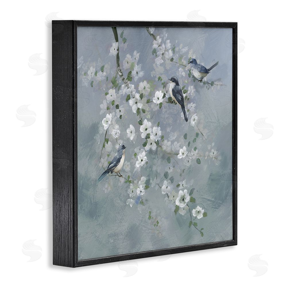 Nan Serene Birds on White Blooms Black Framed Giclee Wall Art Print