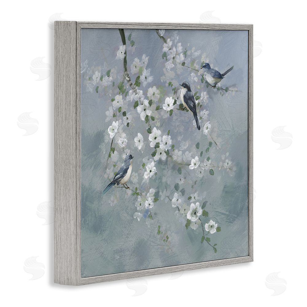 Nan Serene Birds on White Blooms Gray Framed Giclee Wall Art Print