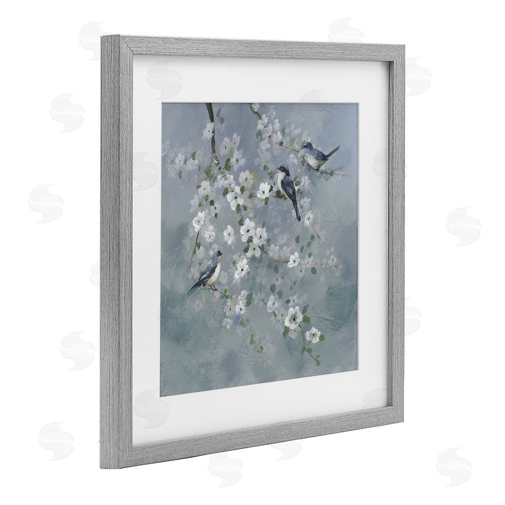 Nan Serene Birds on White Blooms Gray Framed Print Under Glass Wall Art