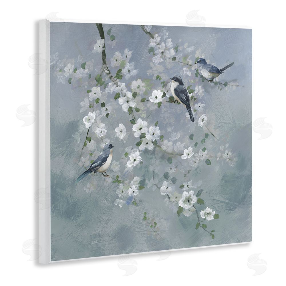 Nan Serene Birds on White Blooms Wooden Wall Plaque Art Print