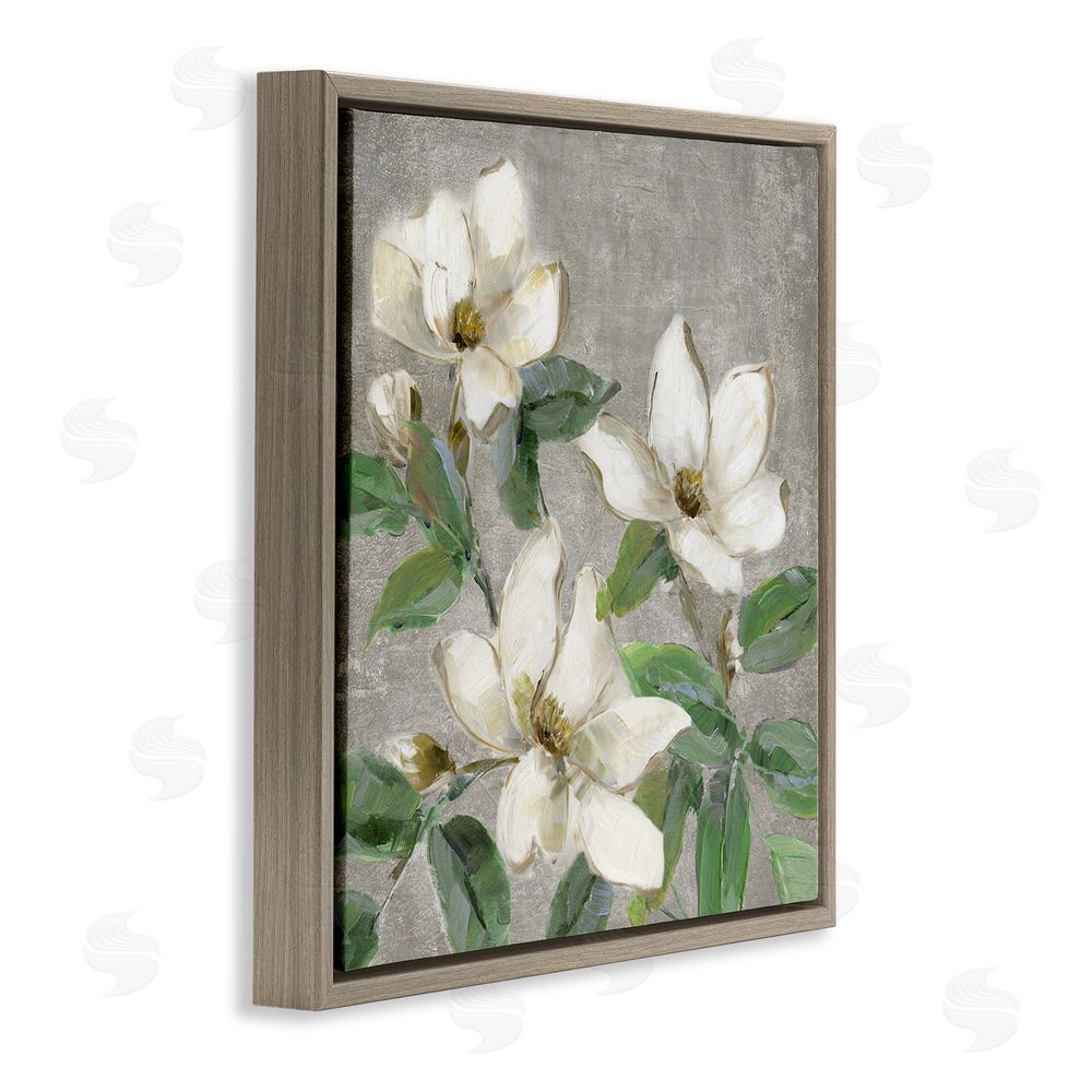 Sally Swatland Ivory Magnolias on Grey Brown Floating Frame Canvas Wall Art Print