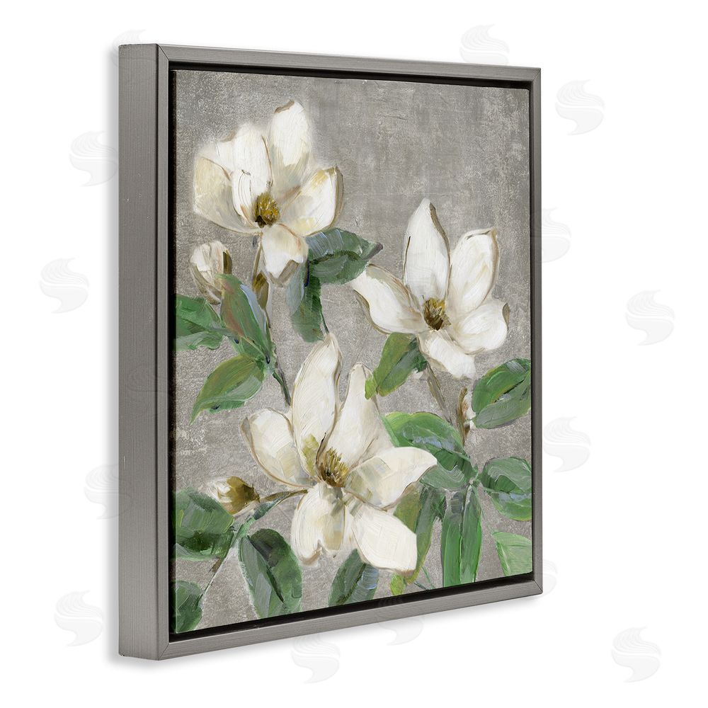 Sally Swatland Ivory Magnolias on Grey Gray Floating Frame Canvas Wall Art Print